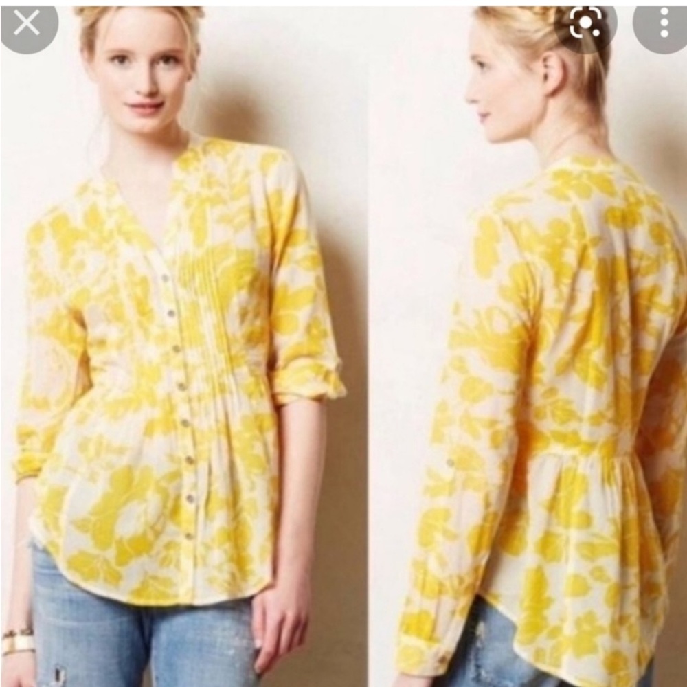 Mauve Anthropologie Yellow Floral Buttoned Blouse Pleated Pintuck Peplum Sheer